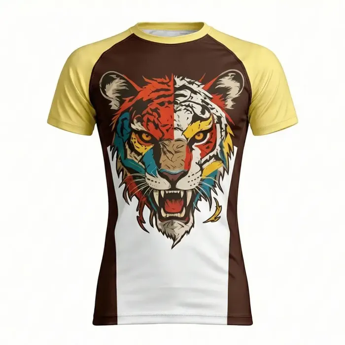 tonton custom rash guards front view split yellow and white design with fierce tiger face graphic fightwear