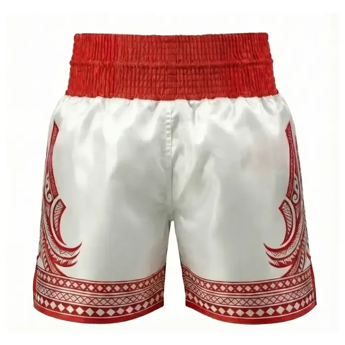 tonton white custom boxing shorts back view with red tribal graphics athletic apparel