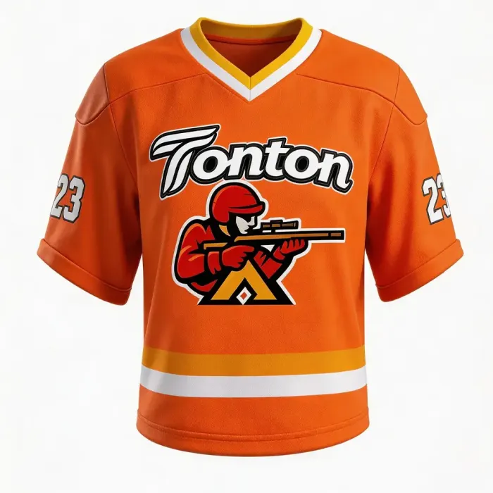 tonton vibrant orange custom lacrosse game jersey front view featuring lacrosse player graphic performance teamwear