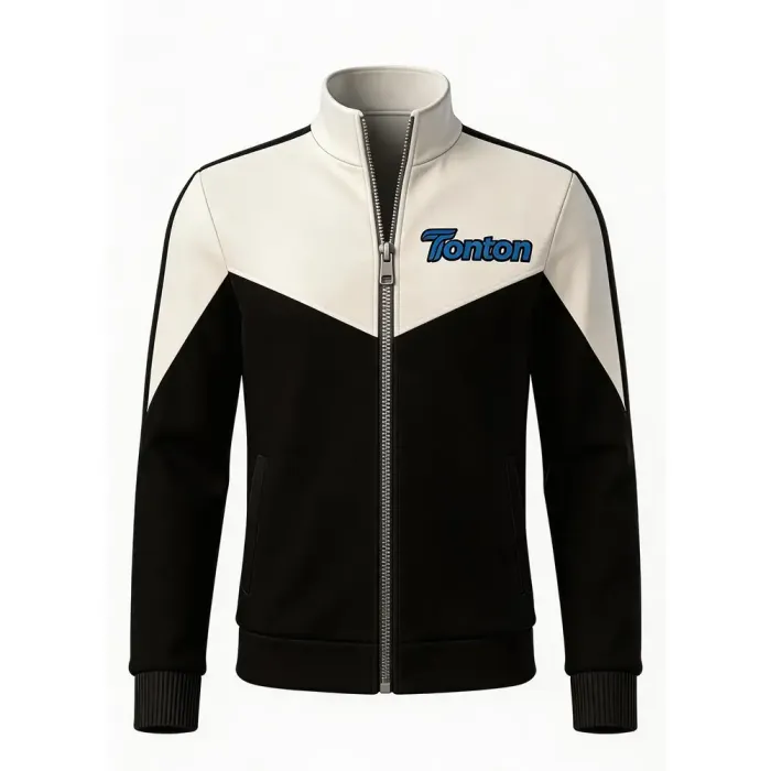 tonton black and cream custom lacrosse warm-up jacket front view with chevron color block design team gear