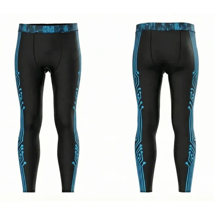 tonton black custom compression spats front view with neon blue cyber lines fightwear