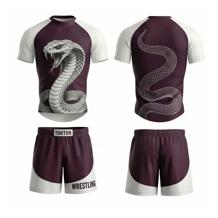 tonton custom wrestling two-piece uniform front view with maroon and white cobra snake graphic athletic gear