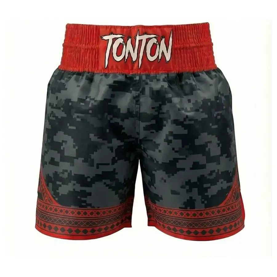 Tonton Urban Red Camo – Boxeri pentru box în stil urban, cu detalii tribale în gri închis și bumbac premium satin