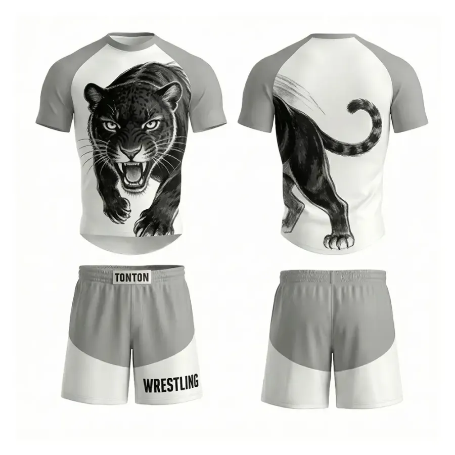 TONTON Panther-Grafik-Wrestling-Anzug – zweiteiliges Outfit in Grau und Schwarz mit rissfesten Nähten