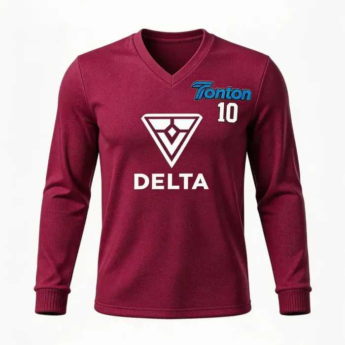 tonton burgundy custom lacrosse shooting shirt front view with DELTA text and triangle logo team uniform