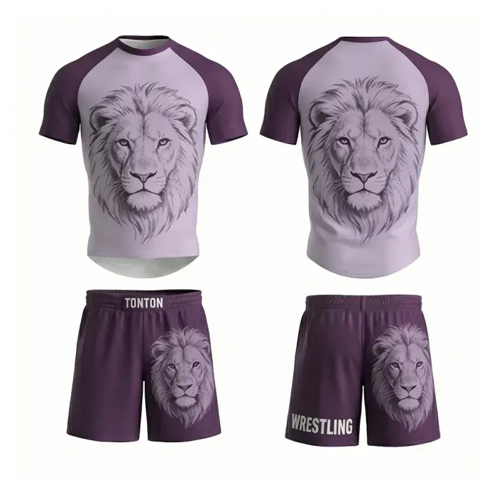 tonton purple custom wrestling two-piece uniform front view featuring lion head graphic teamwear