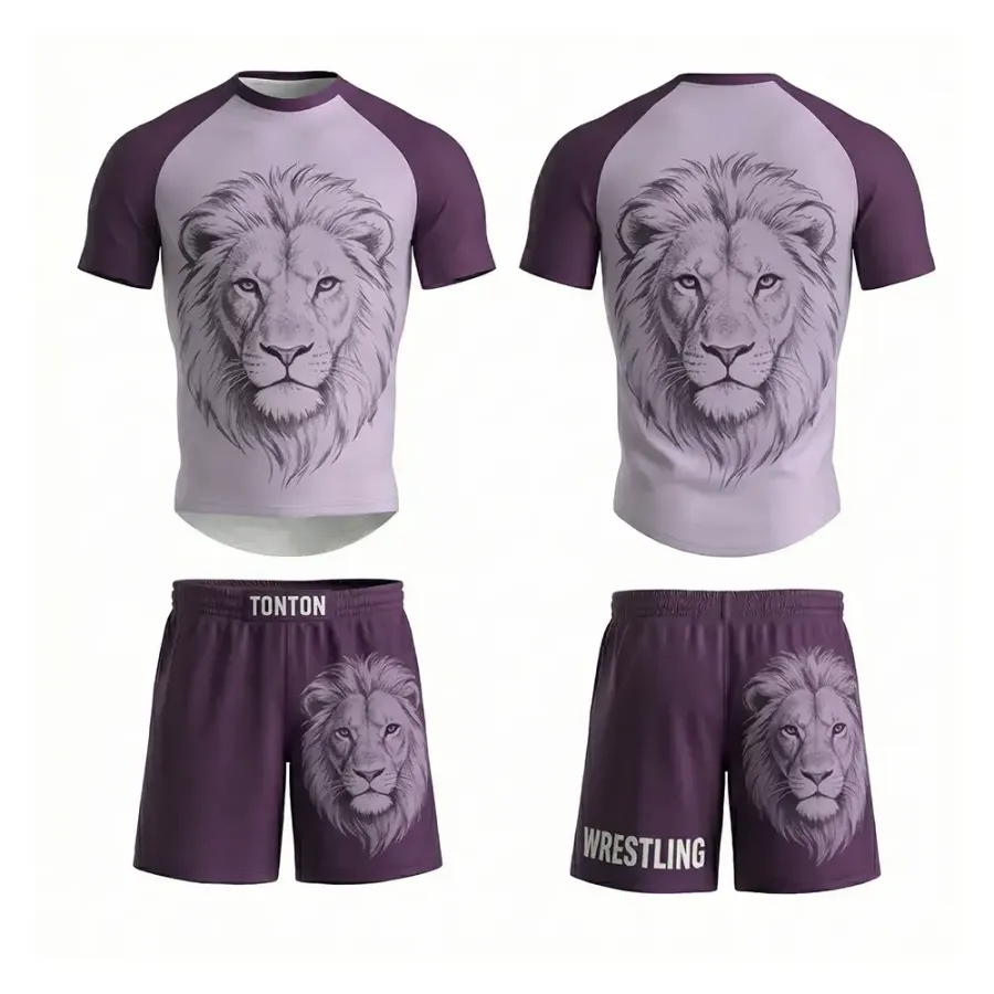 TONTON Regal Lion Wrestling-Anzug – Zweiteiliges Kampf-Outfit in Lila und Grauschwarz für professionelle Wettkampfleistung