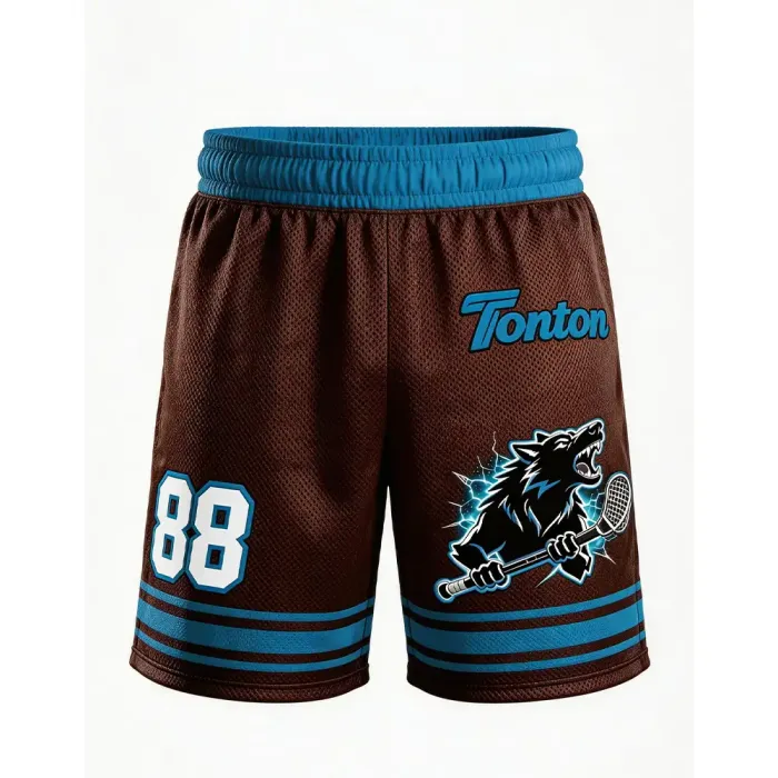 tonton custom lacrosse game shorts in brown and cyan with wolf mascot and number 88 athletic wear