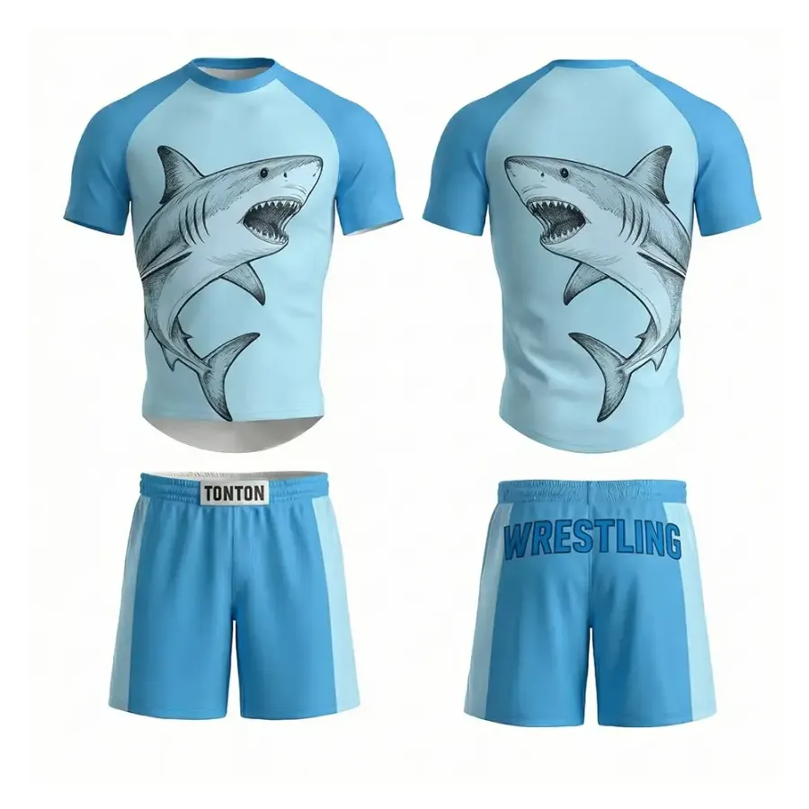 TONTON Great White Shark Wrestling-Set – Zweiteiliger Sky-Blue-Grappling-Anzug mit atmungsaktiven Einsätzen
