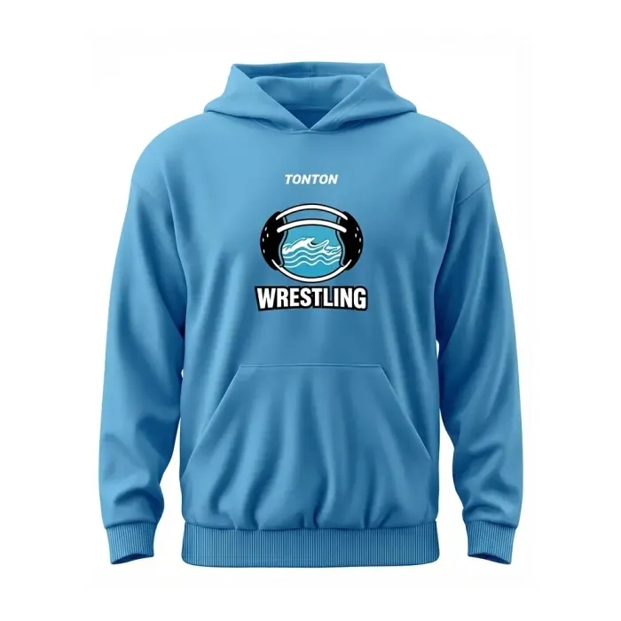 tonton light blue custom wrestling team warm-ups front view with circular logo performance hoodie