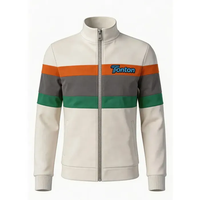tonton cream custom lacrosse warm-up jacket front view with orange grey and green horizontal stripes