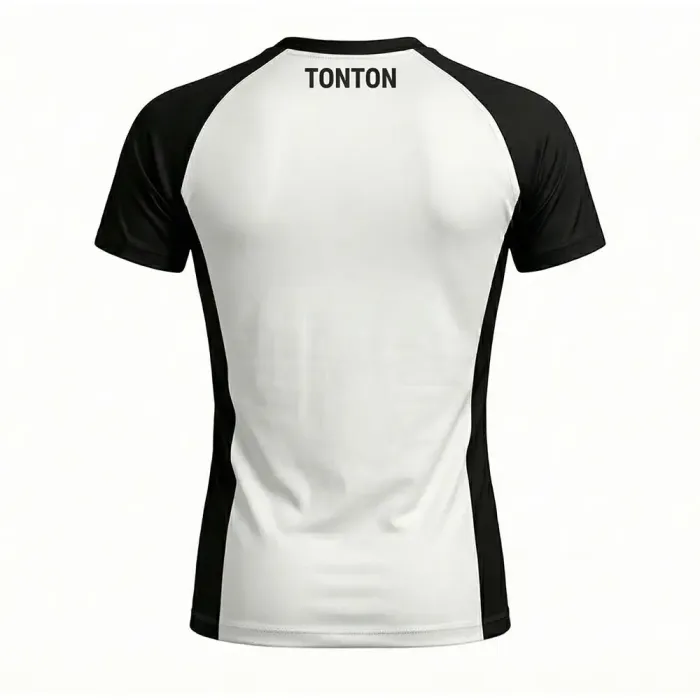 tonton white custom rash guards back view with black sleeves minimalist athletic fightwear