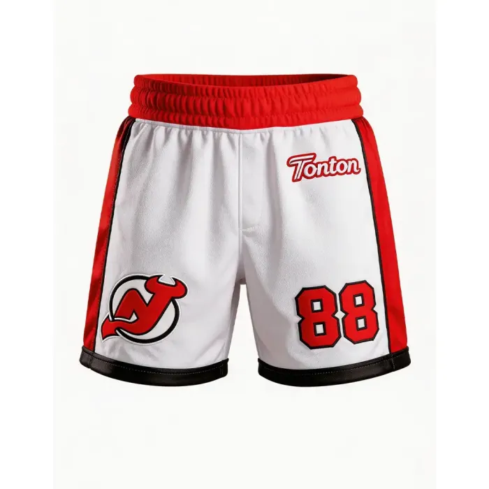 tonton white black and red custom lacrosse game shorts with devil horn logo team sports uniform