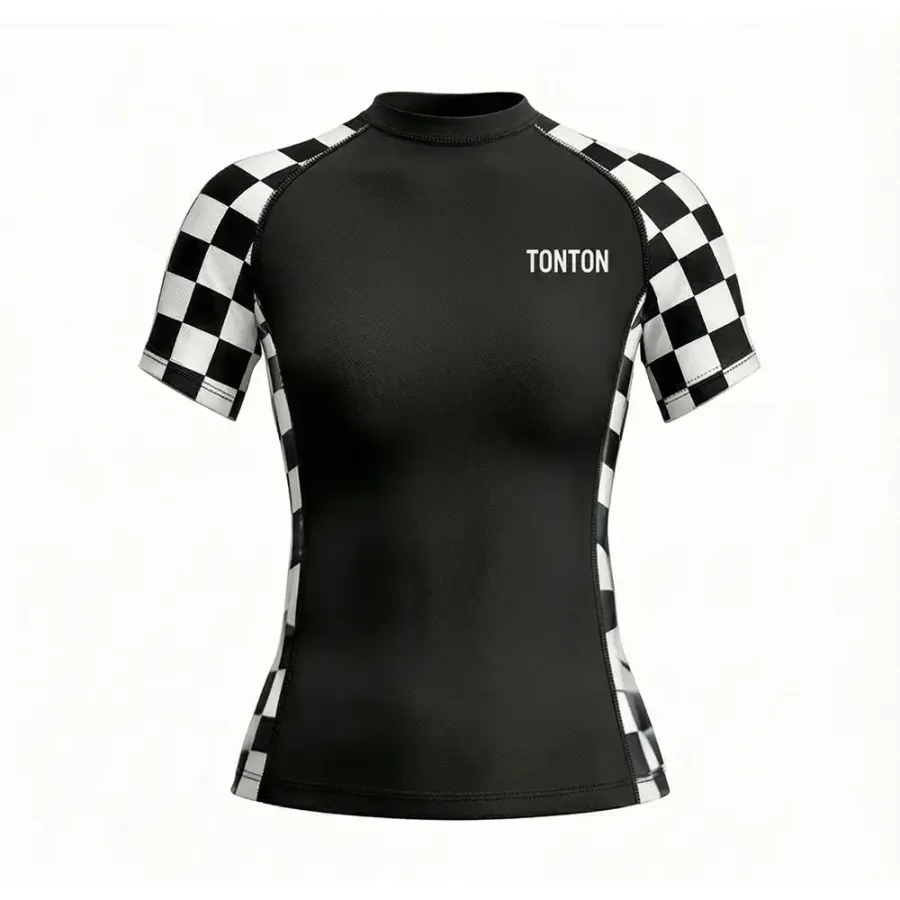 Rash guard feminin Tonton Black Checkerboard Sleeve pentru BJJ – cusătură consolidată cu 4 ace și 6 fire