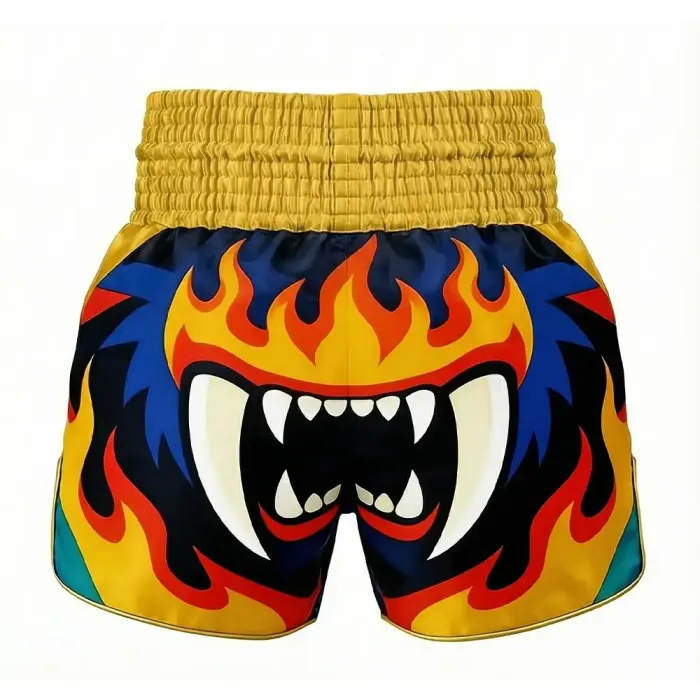 tonton black custom kickboxing shorts back view with flame graphic athletic gear