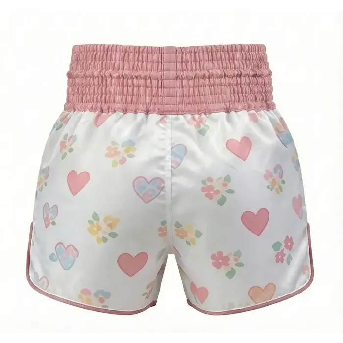 tonton white custom kickboxing shorts back view with cute heart pattern teamwear