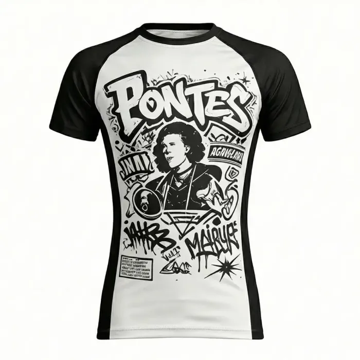 tonton white and black custom rash guards front view with urban graffiti text graphic fightwear