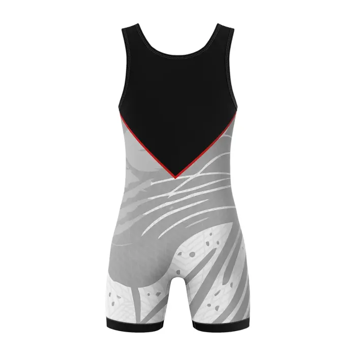 tonton light grey custom wrestling singlet back view with abstract curved lines athletic apparel