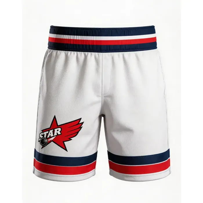 tonton white custom lacrosse game shorts with navy and red stripes featuring winged star logo team uniform