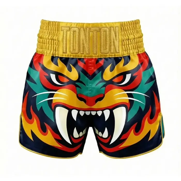 tonton black custom Muay Thai shorts front view with fierce tiger mouth and flames fightwear