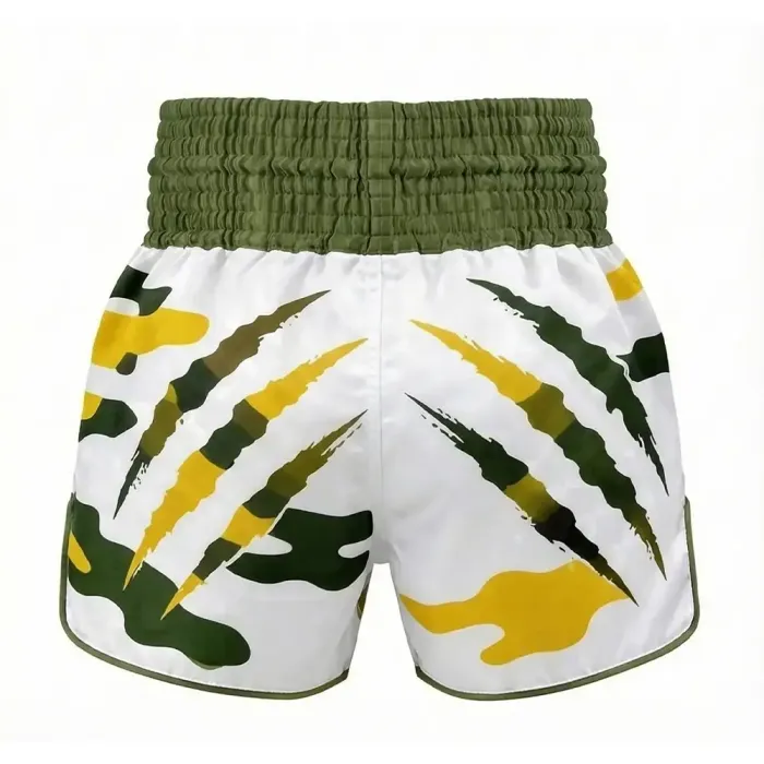tonton camo and claw mark custom kickboxing shorts back view performance apparel