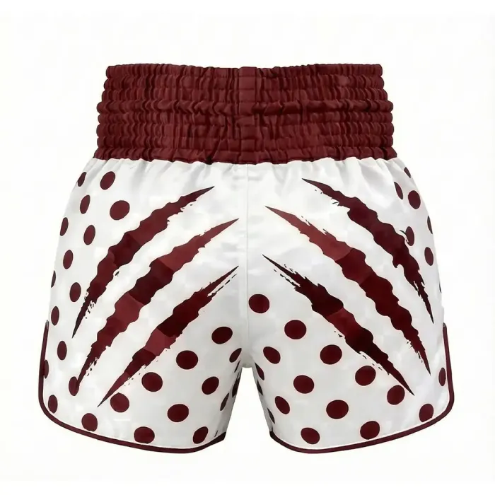 tonton maroon and white dotted custom kickboxing shorts back view athletic apparel