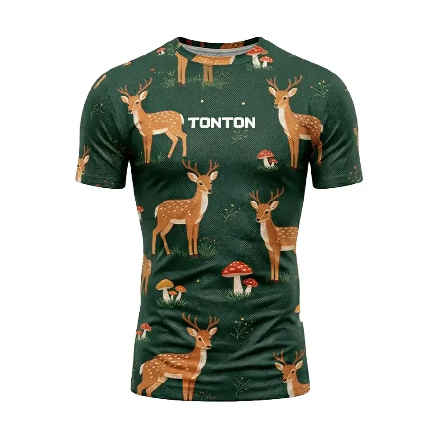 TONTON Forest-Hirsch- & Pilz-Muster-Wrestling-Shirt – abrasionsbeständige Kompressions-Basisschicht
