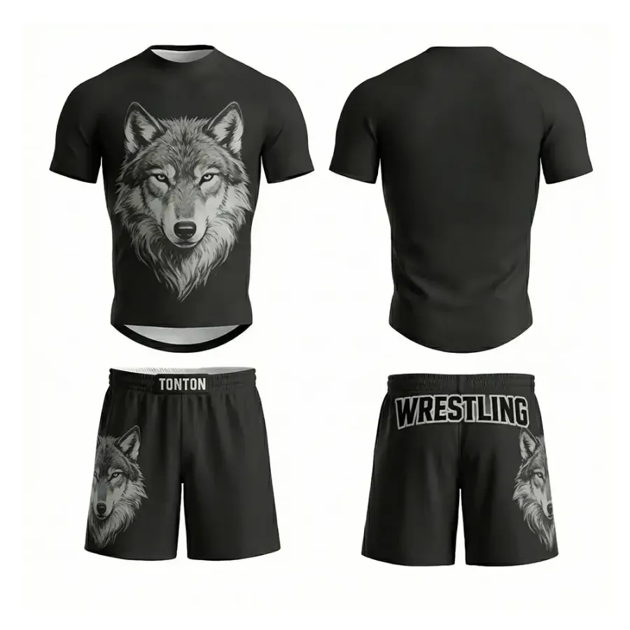 TONTON Stealth Wolf Wrestling-Set – Zweiteiliges, komplett schwarzes Grappling-Outfit mit individuell gestaltbaren Teamlogos