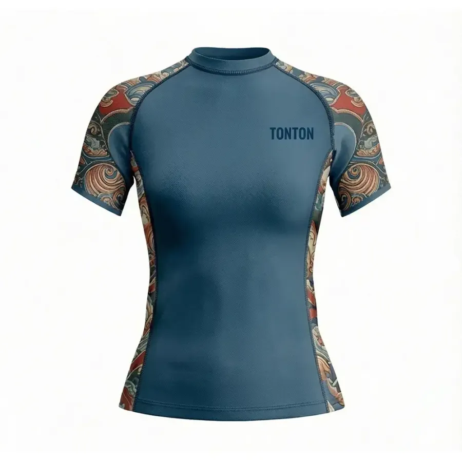 Tonton Slate Blue cu model – Rash Guard feminin – tricou de compresie MMA rezistent, cu întindere 4-way