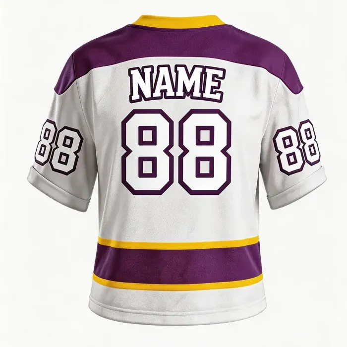 tonton white custom lacrosse game jersey back view with purple and yellow stripes featuring number 88 athletic gear