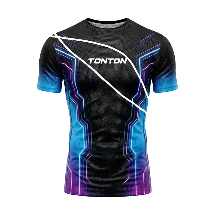 TONTON Cyber Neon Tech Wrestling-Kompressions-T-Shirt – verstärktes 6-Faden-Kampfsport-Trainings-Outfit