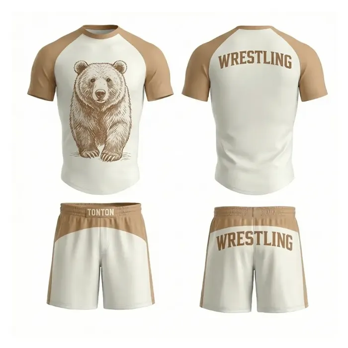 tonton cream and tan custom wrestling two-piece uniform front view with bear graphic performance apparel