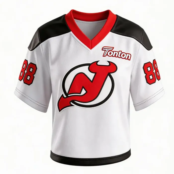 tonton white black and red custom lacrosse game jersey front view with stylized devil horn logo team sports apparel