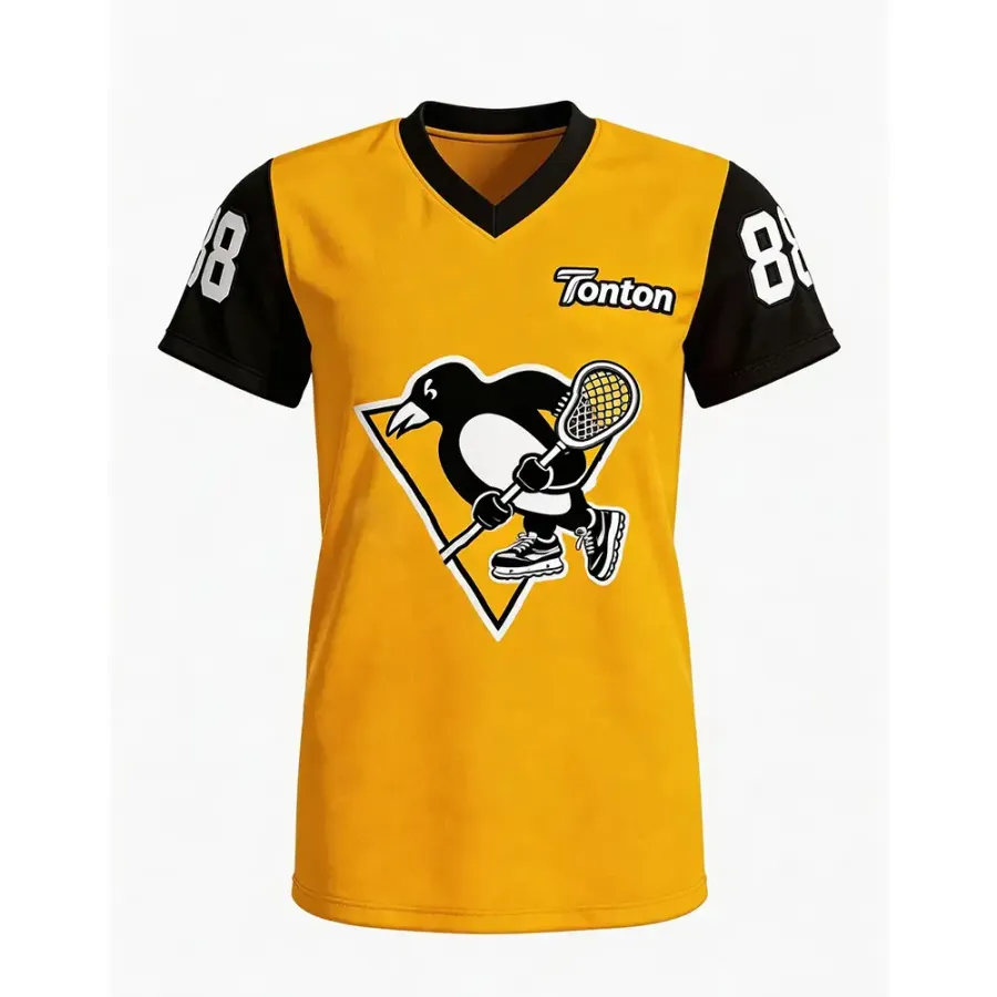 Tricou de lacrosse TONTON cu mascota pinguinului galben și negru – Seria Pro, echipament de echipă cu cusături întărite