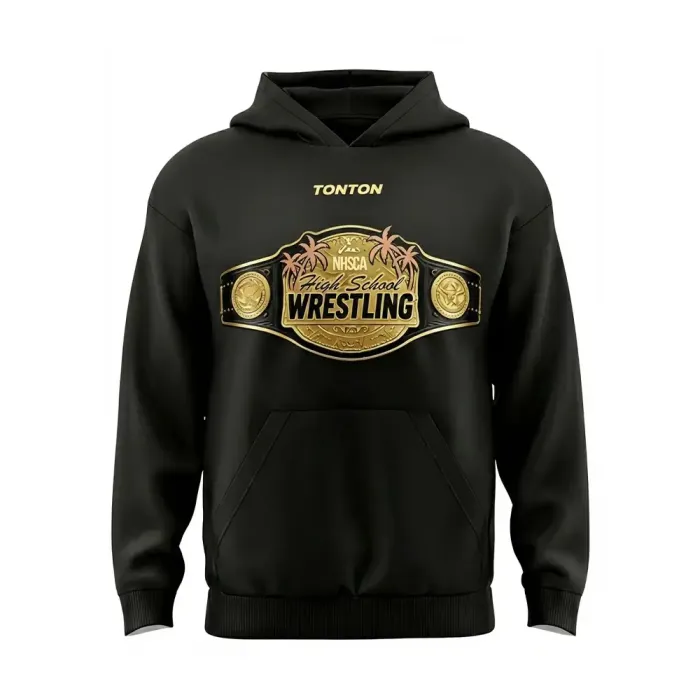 tonton black custom wrestling warm-up hoodie front view featuring gold championship belt graphic team apparel