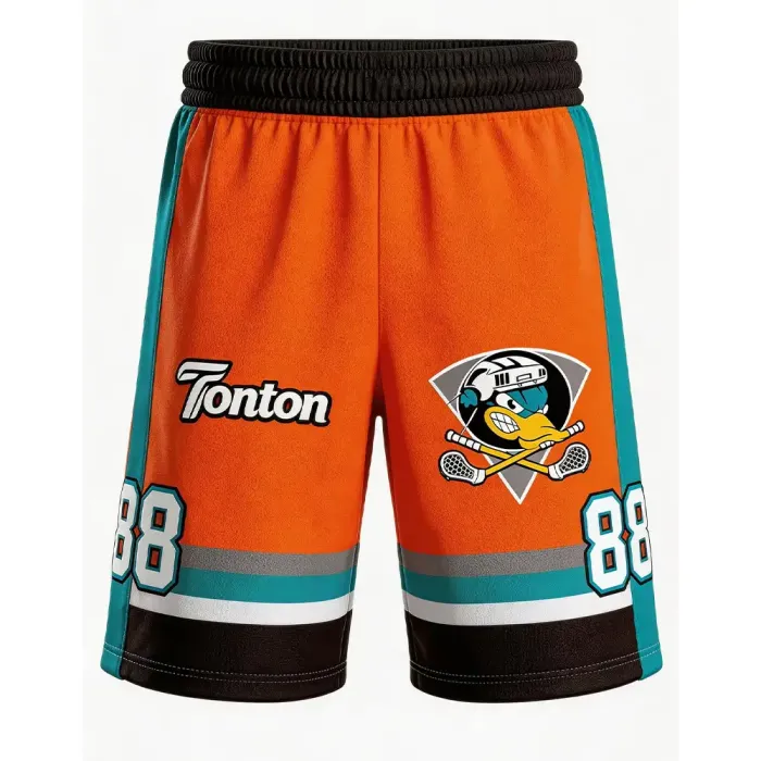 tonton orange and teal custom lacrosse game shorts with duck mascot logo athletic team uniform
