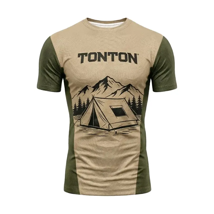 TONTON Mountain-Camping-Grafik-Wrestling-Rashguard – Khaki, 4-Wege-Stretch-Leistungs-Baselayer