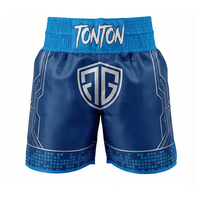 tonton blue custom boxing shorts front view with silver shield crest logo performance fightwear