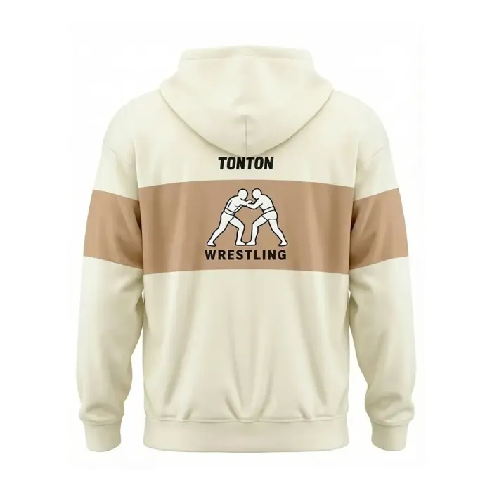 tonton cream custom wrestling warm-up suits back view featuring tan stripe athletic gear