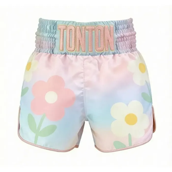 tonton pastel floral custom Muay Thai shorts front view colorful flower pattern fightwear
