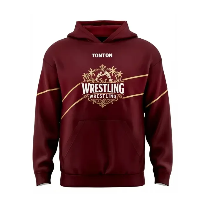 tonton maroon custom wrestling team warm-up suits front view with gold tribal accents and logo athletic hoodie