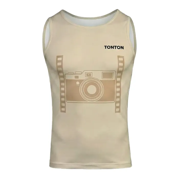 tonton beige custom wrestling base layers front view featuring vintage camera graphic tight-fitting vest