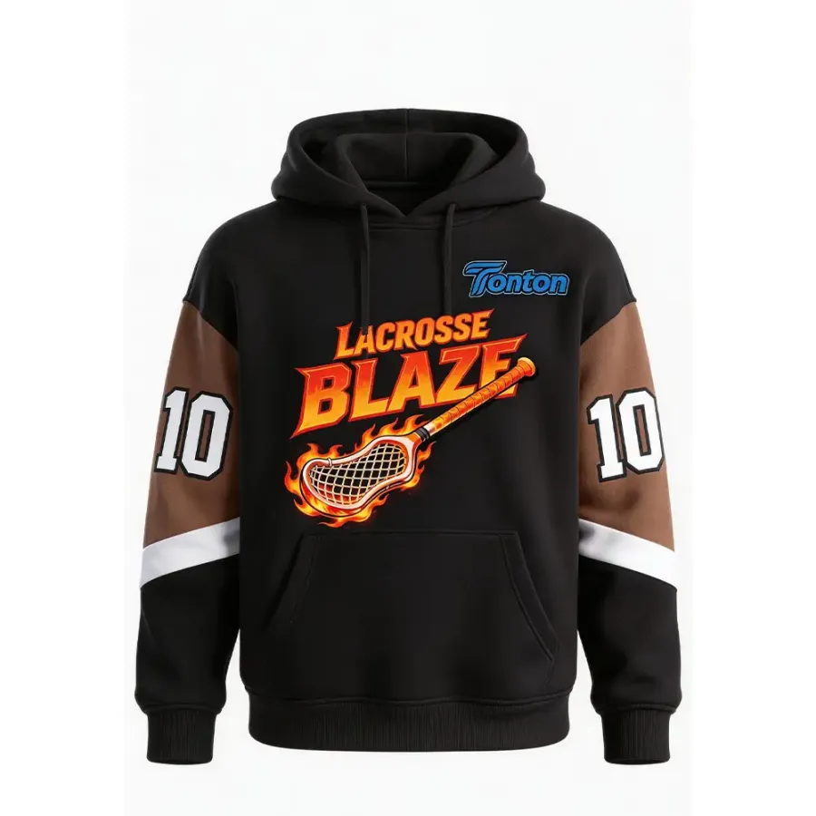 TONTON juodas ir rudas „Blaze“ grafikos laukų žaidimų (lakrosas) švarkas su kepure – laisvas, sportiškas kirpimas, skirtas komandiniam treniruočių apdarui