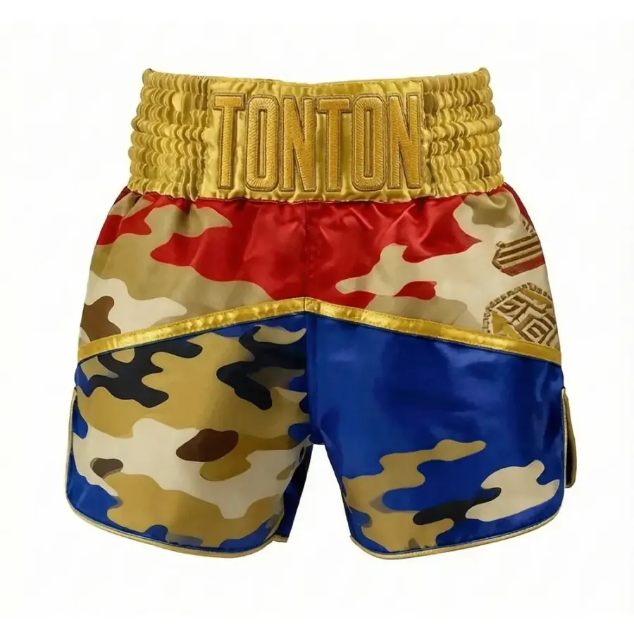 Shorturi Muay Thai Tonton Hybrid Camo & Albastru Regal – Echipament din satin personalizabil pentru antrenamente competitive