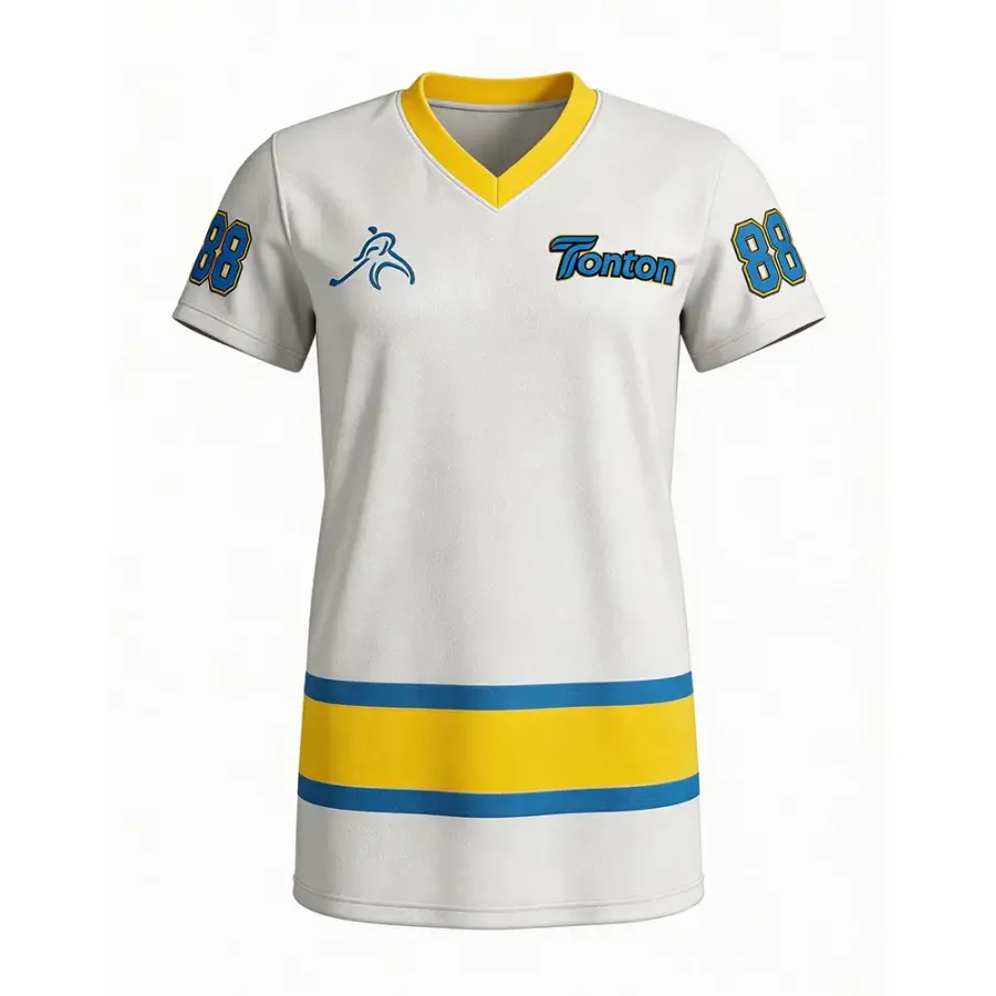 Tricou de lacrosse TONTON alb și albastru cu siluetă de sportiv – îmbrăcăminte de echipă de înaltă performanță cu cusături întărite
