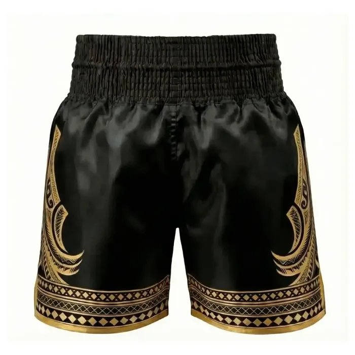 tonton black custom boxing shorts back view featuring gold tribal graphics sports uniform