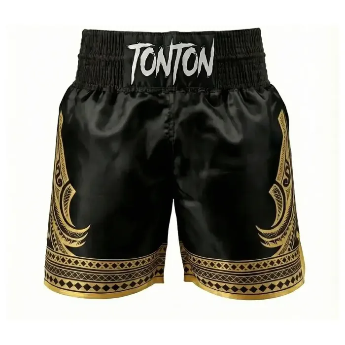 tonton black custom boxing shorts front view with gold wings and tribal border fightwear