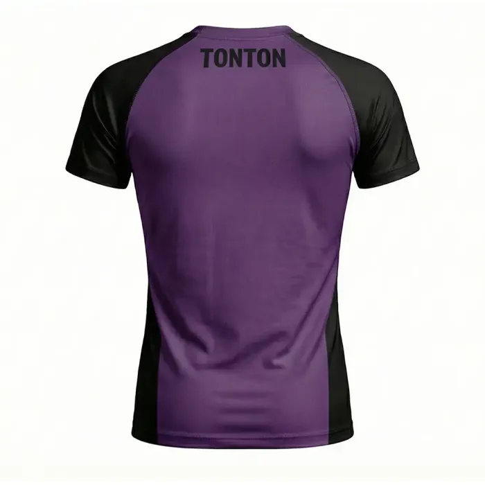 tonton dark purple custom rash guards back view with black sleeves training fightwear
