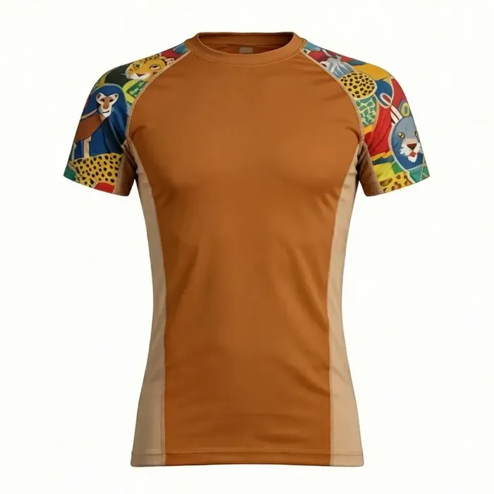 tonton brown custom rash guards front view with colorful patterned sleeves athletic fightwear