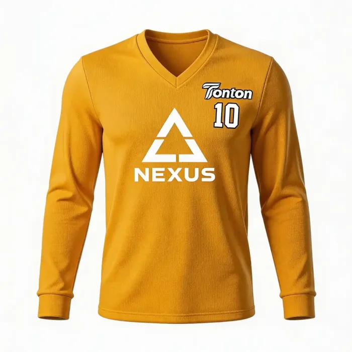 tonton mustard yellow custom lacrosse shooting shirt front view with NEXUS text and geometric logo